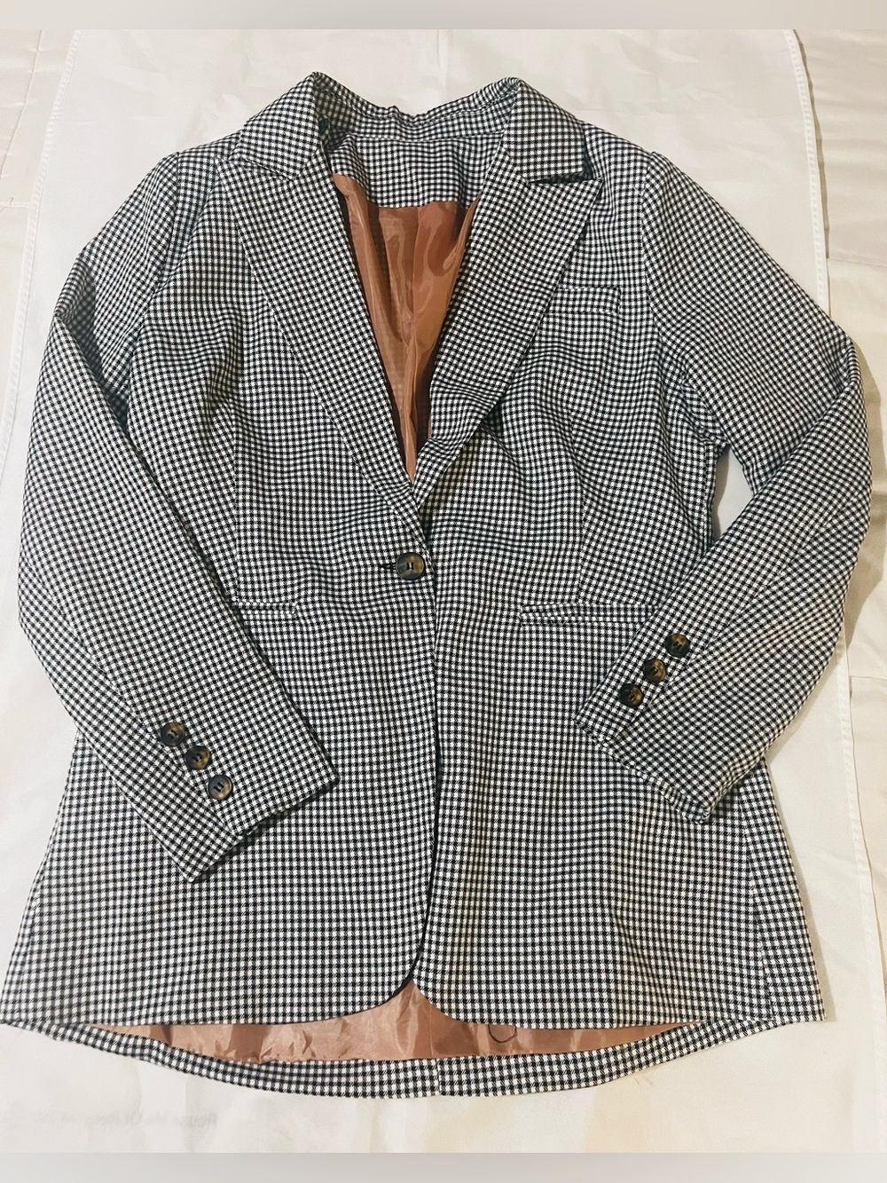 women’s black & white micro houndstooth blazer single-button closure large work - Picture 2 of 12